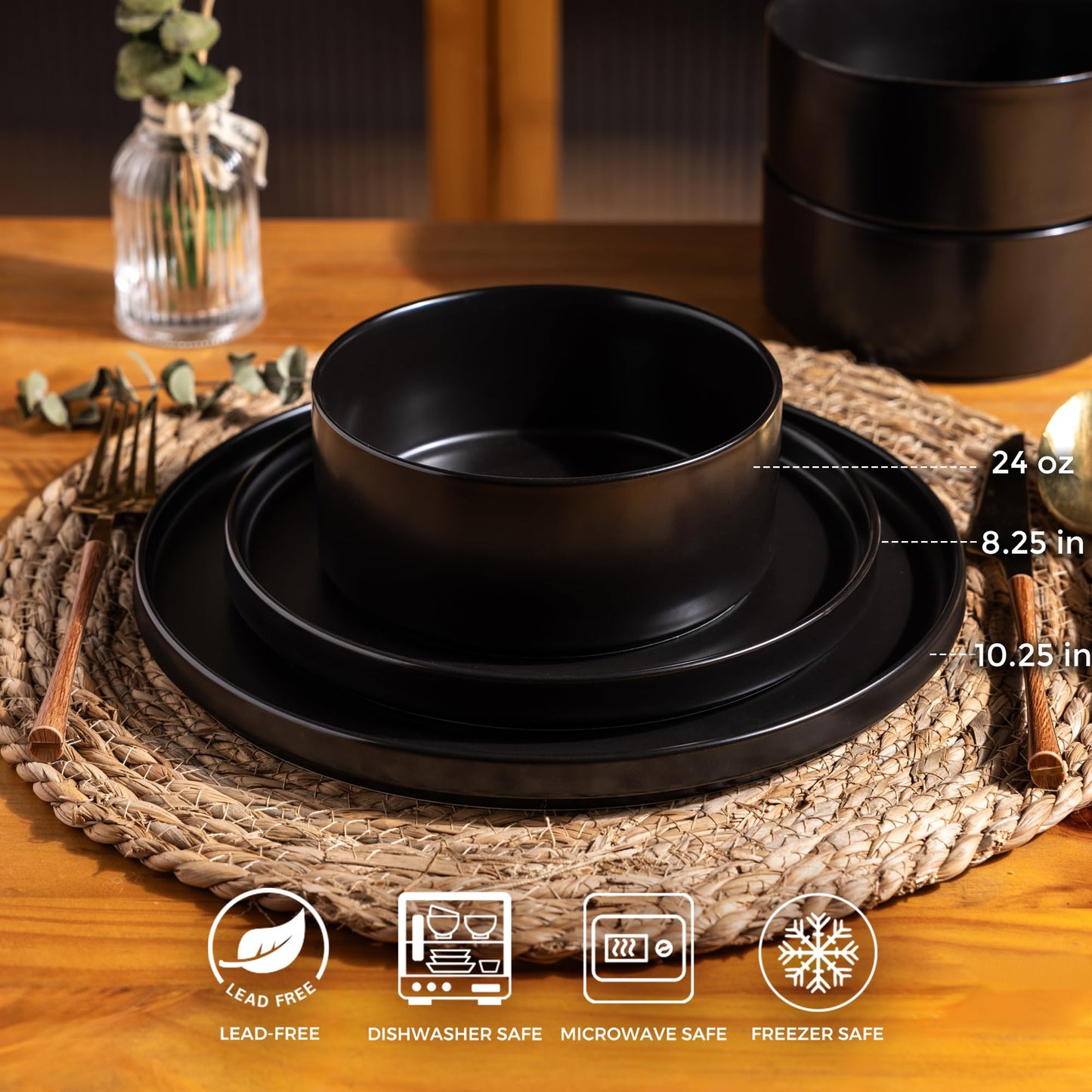 12-Piece Ceramic Dinnerware Set – Plates and Bowls for 4, Chip & Crack Resistant, Dishwasher & Microwave Safe, Matte Finish