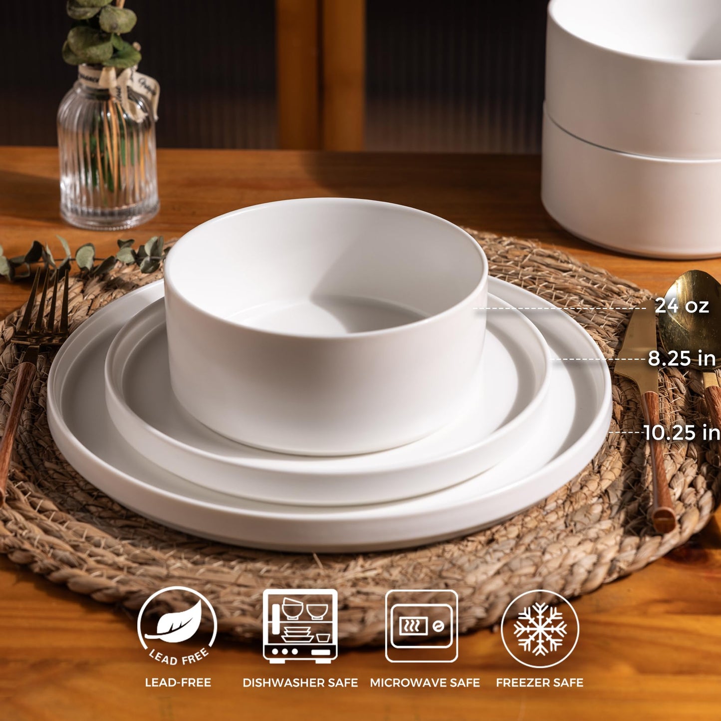 12-Piece Ceramic Dinnerware Set – Plates and Bowls for 4, Chip & Crack Resistant, Dishwasher & Microwave Safe, Matte Finish